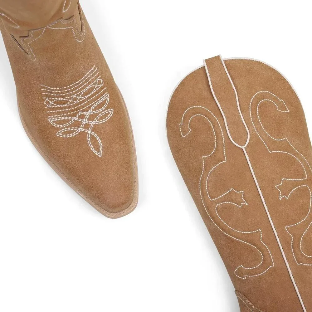 Women's Brown Mid Calf Cowgirl Pointed Toe Chunky Heel Fashion Cowboy Boots